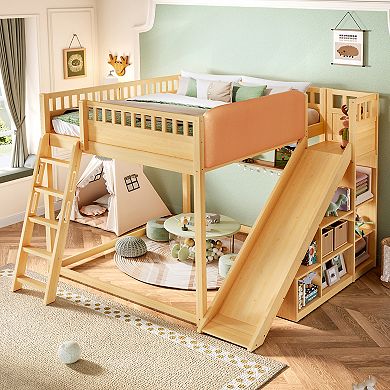 Pnronnc All-in-one Storage Loft Bed with Upholstered Headboard, Bookcase, Ladder and Slide