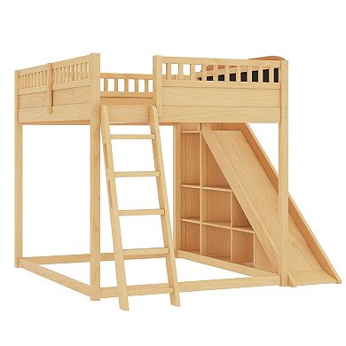 Pnronnc All-in-one Storage Loft Bed with Upholstered Headboard, Bookcase, Ladder and Slide