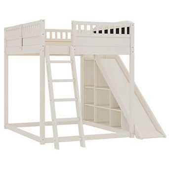 Pnronnc All-in-one Storage Loft Bed with Upholstered Headboard, Bookcase, Ladder and Slide
