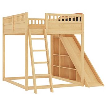 Pnronnc All-in-one Storage Loft Bed with Upholstered Headboard, Bookcase, Ladder and Slide
