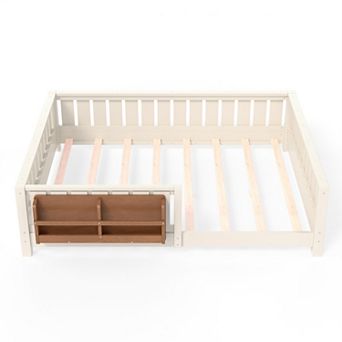 Trikiousd Montessori Floor Bed Low-Profile Kids Bed Frame with Built-in Bookshelf & Guardrails