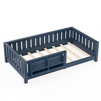 Trikiousd Montessori Floor Bed Low-Profile Kids Bed Frame with Built-in Bookshelf & Guardrails