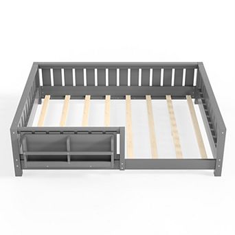 Trikiousd Montessori Floor Bed Low-Profile Kids Bed Frame with Built-in Bookshelf & Guardrails