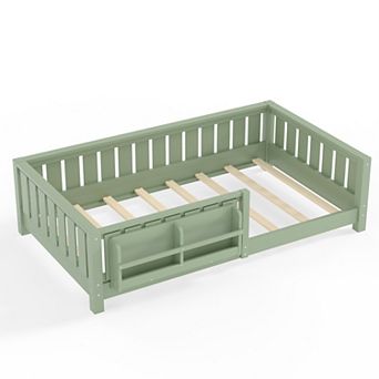 Trikiousd Montessori Floor Bed Low-Profile Kids Bed Frame with Built-in Bookshelf & Guardrails