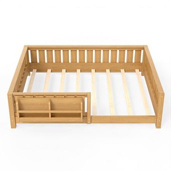 Trikiousd Montessori Floor Bed Low-Profile Kids Bed Frame with Built-in Bookshelf & Guardrails