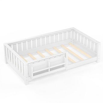 Trikiousd Montessori Floor Bed Low-Profile Kids Bed Frame with Built-in Bookshelf & Guardrails