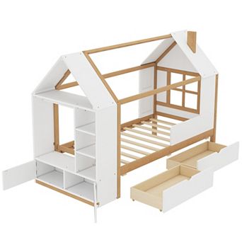 Pnronnc Playful Twin Size House Shape Loft Bed with Wardrobe, Drawers, Solid Wood House Bed