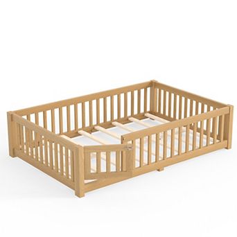 Trikiousd Wood Floor Bed with Door & Fence, Montessori Bed Frame for Kids, Girls, Boys