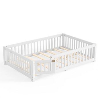 Trikiousd Wood Floor Bed with Door & Fence, Montessori Bed Frame for Kids, Girls, Boys