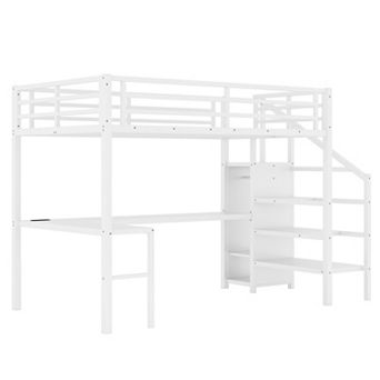 Pnronnc Metal Frame Heavy Duty Loft Bed with L-shaped Desk, USB, Wardrobe, Adjustable Shelf and LED