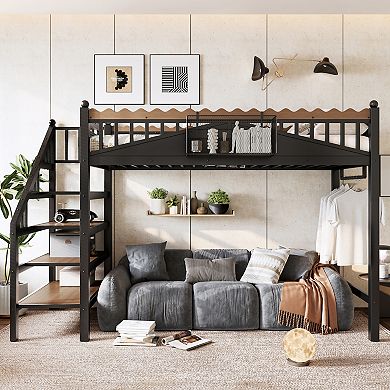 Pnronnc Space-Saving Loft Platform Bed with Storage Shelves and Bookshelf for Kids