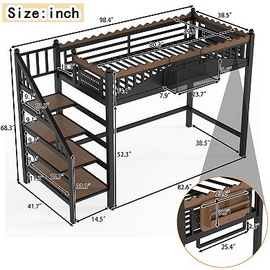 Pnronnc Space-Saving Loft Platform Bed with Storage Shelves and Bookshelf for Kids
