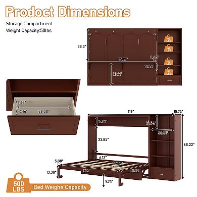 Trikiousd Queen Murphy Bed Wall Bed Frame Foldable Platform Bed w/Adjustable Storage Shelves&Drawer