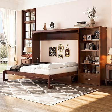 Trikiousd Queen Murphy Bed Wall Bed Frame Foldable Platform Bed w/Adjustable Storage Shelves&Drawer