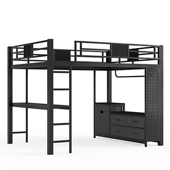 Pnronnc All-in-one Metal Loft Bed Frame with Desk, Storage Pegboard, Laundry Bag, Clothesline Pole