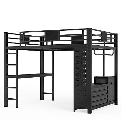 Pnronnc All-in-one Metal Loft Bed Frame with Desk, Storage Pegboard, Laundry Bag, Clothesline Pole