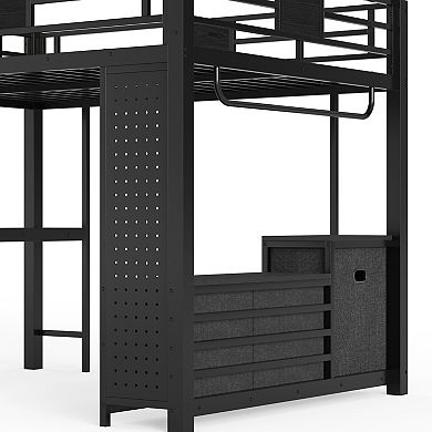 Pnronnc All-in-one Metal Loft Bed Frame with Desk, Storage Pegboard, Laundry Bag, Clothesline Pole