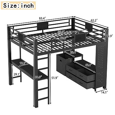 Pnronnc All-in-one Metal Loft Bed Frame with Desk, Storage Pegboard, Laundry Bag, Clothesline Pole