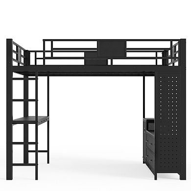 Pnronnc All-in-one Metal Loft Bed Frame with Desk, Storage Pegboard, Laundry Bag, Clothesline Pole