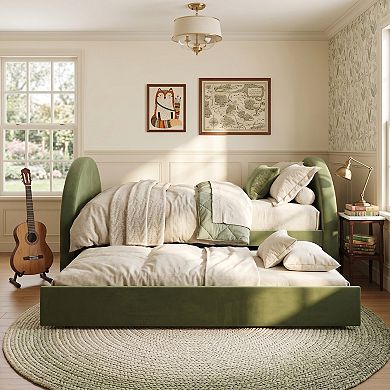 Trikiousd Modern 2-in-1 Bed Frame Full Size Velvet Upholstered Daybed with Pull-Out Trundle