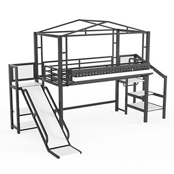 Trikiousd House Metal Loft Bed with Storage Stairs, USB Ports and LED Lights for Girls, Boys