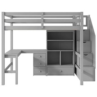 Trikiousd Wood Loft Bed with L-Shaped Desk, Drawers, Cabinet and Storage Staircase