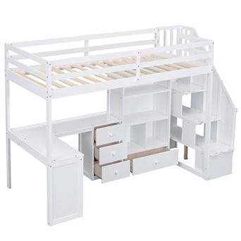 Trikiousd Wood Loft Bed with L-Shaped Desk, Drawers, Cabinet and Storage Staircase
