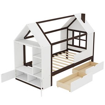 Trikiousd Twin Size Kids House Bed Frame Wood Platform Bed w/ Drawers, Storage Shelves & Wardrobe