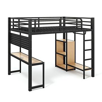 Trikiousd Metal Loft Bed with USB Ports, Lights & Hanging Rod, Heavy Duty Adult Loft Bed