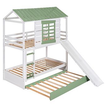 Trikiousd Twin Over Twin Size House Bunk Bed with Convertible Slide & Trundle, Slat Support