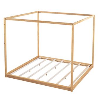 Trikiousd Wood Canopy Bed Floor Platform Bed Frame with Support Legs, No Box Spring Needed