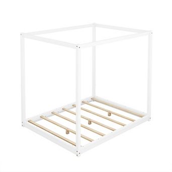 Trikiousd Wood Canopy Bed Floor Platform Bed Frame with Support Legs, No Box Spring Needed