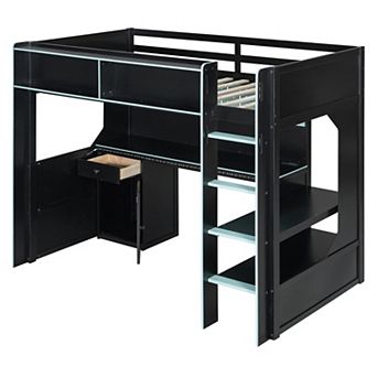 Trikiousd Modern Wooden Gaming Loft Bed w/ Integrated Desk, Built-in Charging Station & Lights