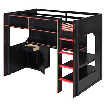 Trikiousd Modern Wooden Gaming Loft Bed w/ Integrated Desk, Built-in Charging Station & Lights