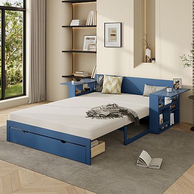Trikiousd 4-in-1 Daybed w/ Removable Desk & Drawers, Extendable Sofa Bed w/ Hydraulic Side Table