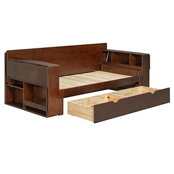Trikiousd 4-in-1 Daybed w/ Removable Desk & Drawers, Extendable Sofa Bed w/ Hydraulic Side Table