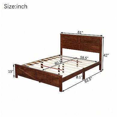 Trikiousd Mid Century Modern Solid Pinewood Platform Bed with Barn Door Designed Headboard