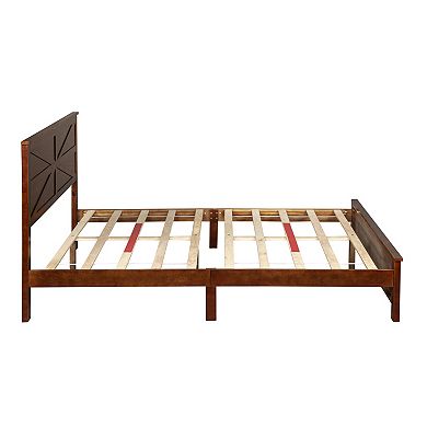 Trikiousd Mid Century Modern Solid Pinewood Platform Bed with Barn Door Designed Headboard