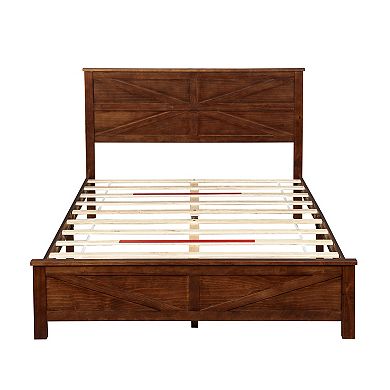 Trikiousd Mid Century Modern Solid Pinewood Platform Bed with Barn Door Designed Headboard