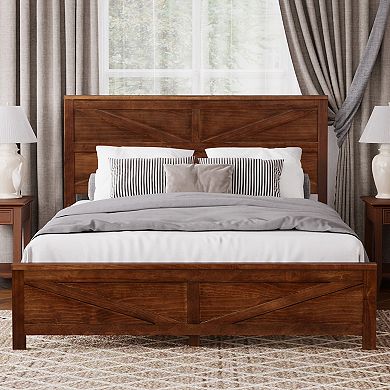 Trikiousd Mid Century Modern Solid Pinewood Platform Bed with Barn Door Designed Headboard
