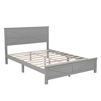 Trikiousd Mid Century Modern Solid Pinewood Platform Bed with Barn Door Designed Headboard