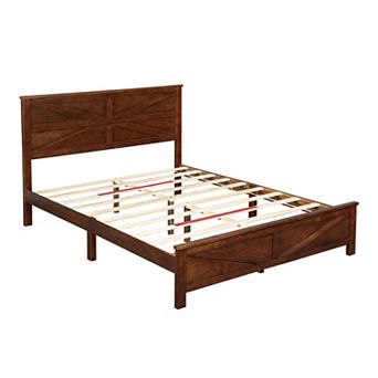 Trikiousd Mid Century Modern Solid Pinewood Platform Bed with Barn Door Designed Headboard