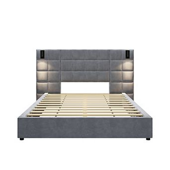 Trikiousd Velvet Upholstered Platform Bed Wood Bed Frame w/ Wide Headboard, Wall Sconce & USB Port