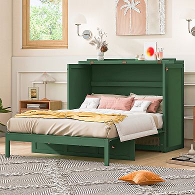 Trikiousd Boho Full Size Wood Murphy Bed with Storage Drawer, Hideaway Paltform Panel Bed