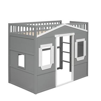 Trikiousd Solid Wood Loft Bed House Bed Frame with Ladder & Safety Guardrail for Kids
