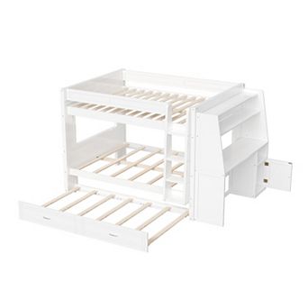 Trikiousd Full Size Wood Bunk Bed with Trundle, Desk, Bookshelves & LED light