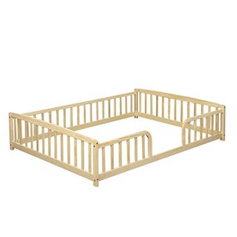 Trikiousd Floor Fence Bed Pine Wood Kids Montessori Floor Beds with Fence and Without Door