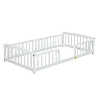 Trikiousd Floor Fence Bed Pine Wood Kids Montessori Floor Beds with Fence and Without Door
