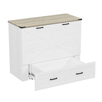 Trikiousd Murphy Bed Farmhouse Hideaway Cabinet Bed with Charging Station & Storage Drawer