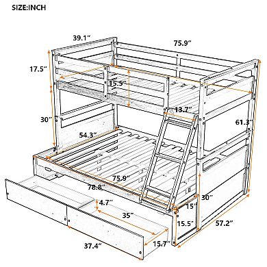 Trikiousd Twin Over Full Bunk Bed Kids Solid Wood Bed Frame with 2 Under Bed Storage Drawers